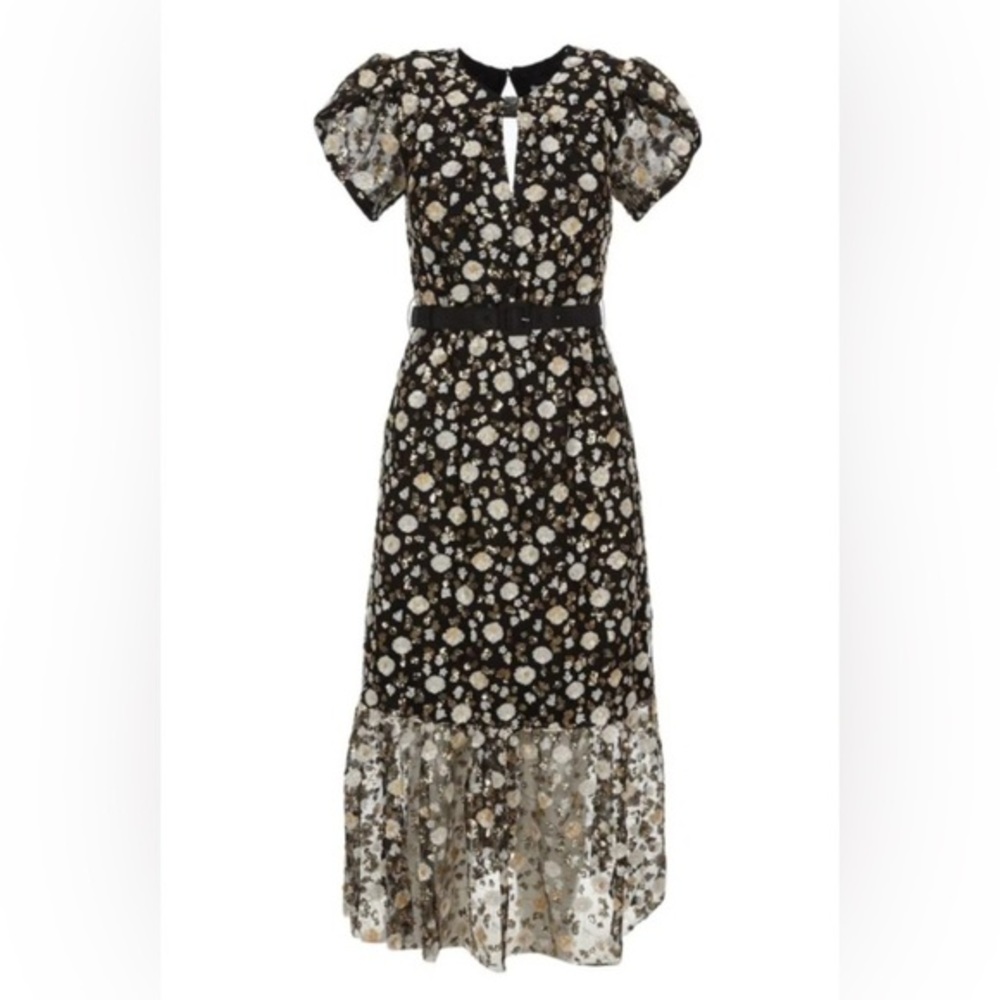 New Self-Portrait Black Sequins Embellished Short Sleeves Belted Mesh Midi Dress